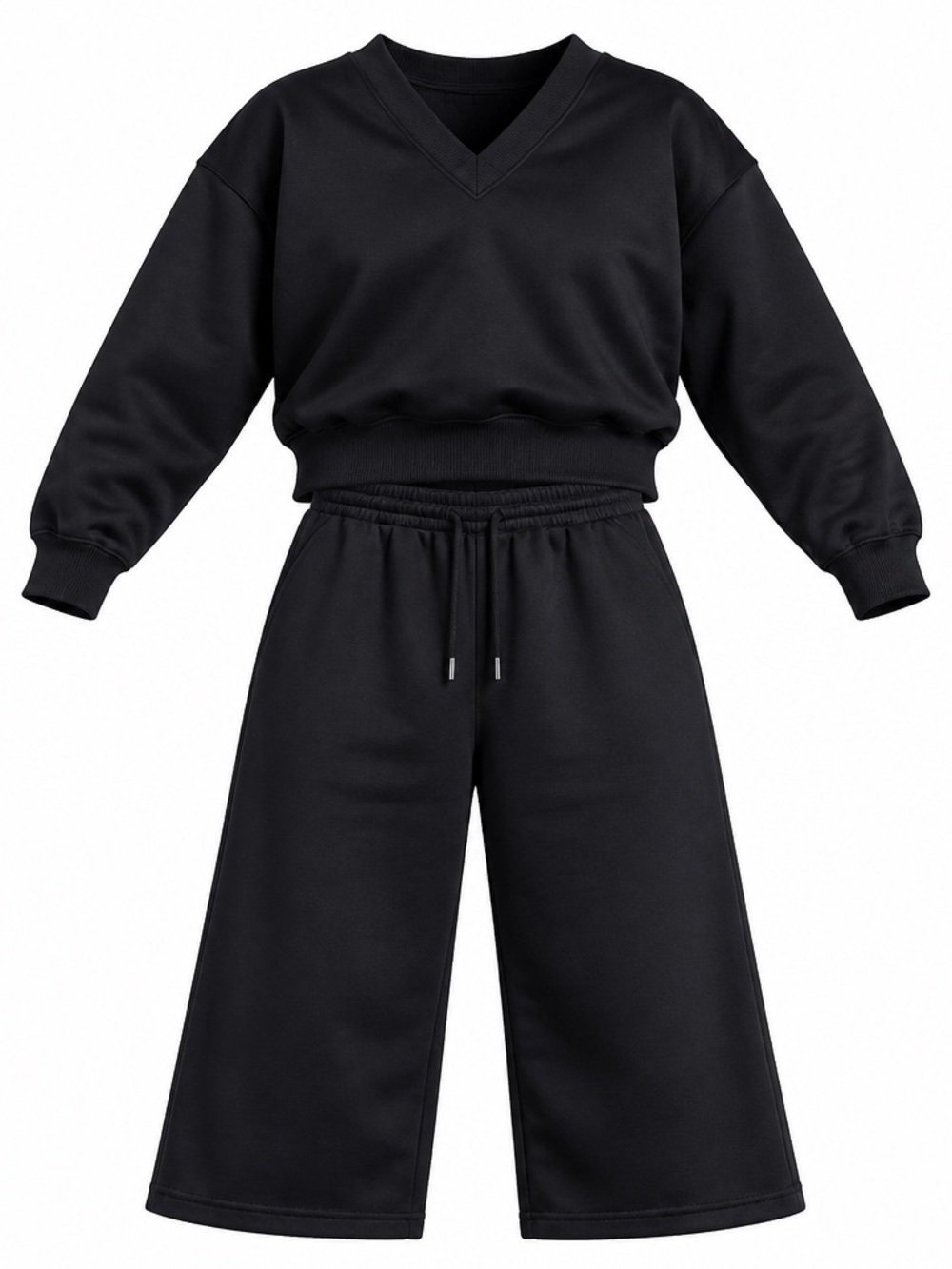 Women's Loungewear Set Black Wide-Leg Sweatpant and V-neck Sweatshirt Size M